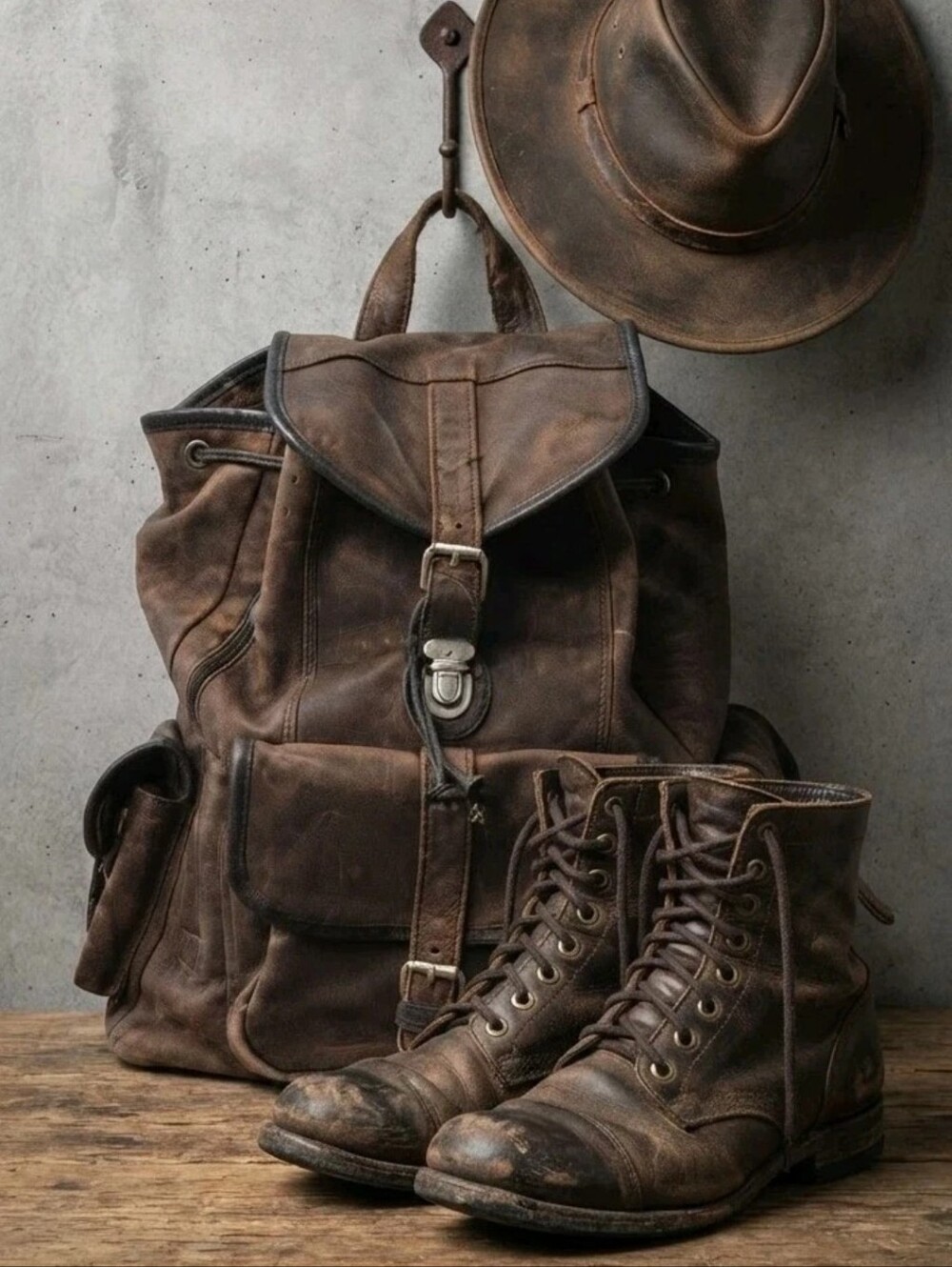 Vtg Distressed Brown Leather Drawstring Backpack Flap Buckle Pockets Rucksack